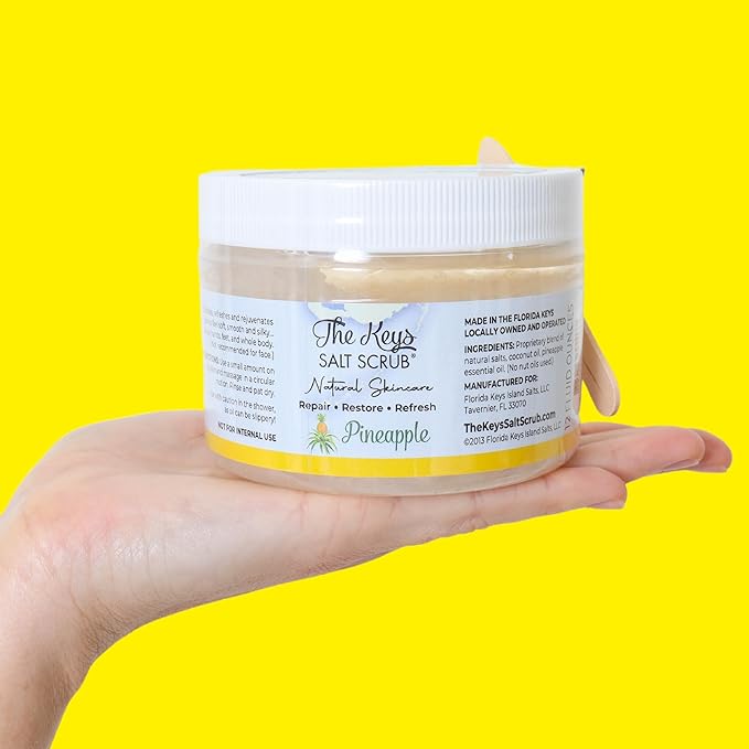 The Keys Salt Scrub -Sea Salt Scrub - Exfoliating Body Scrub with Wooden Spoon - Moisturizing Exfoliator for Hands, Foot, Bath, (12 Ounce (Pack of 1), Pineapple)
