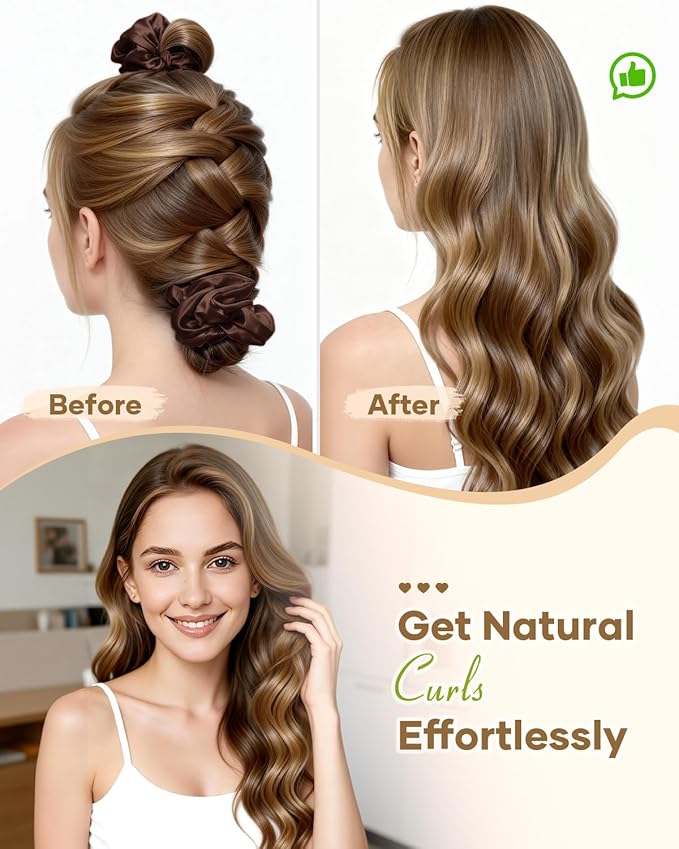 BONNET QUEEN Satin Heatless Hair Curler, Overnight Curls for Long Hair, Ultra Soft Daily Use of Hair Accessories & 2 Scrunchies, Damage-Free Styling, Soft Hair Curlers for Overnight, Brown