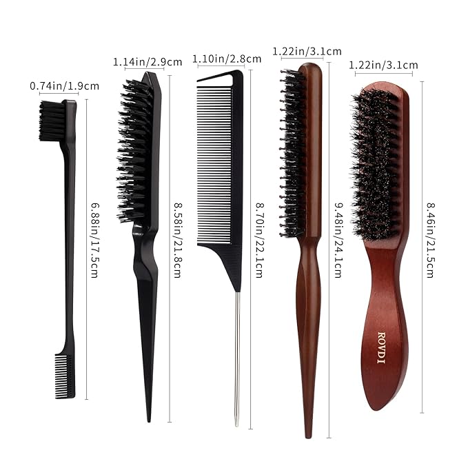 5pcs/Set Deluxe Boar Bristle Hair Brush & Comb Set - Unisex Edge Control Styling Kit for Slick Back, Teasing, Smoothing, Detangling, and Adding Volume - Suitable for Curly, Normal, and Wavy Hair Types