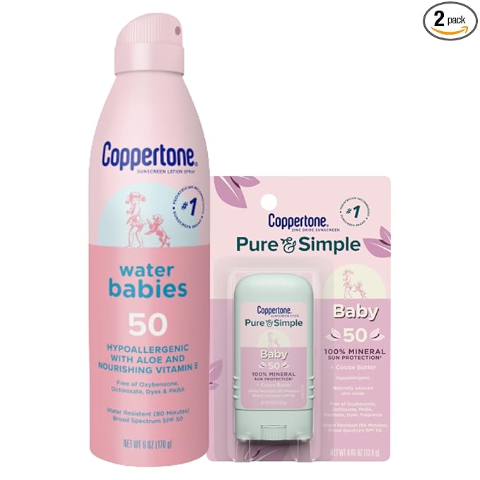 Coppertone WaterBabies Baby Sunscreen Spray SPF 50 (6 Oz) + Pure and Simple Baby Mineral Sunscreen Stick SPF 50 with Zinc Oxide, Tear Free (0.49 Oz) Hypoallergenic and Oxybenzone Free