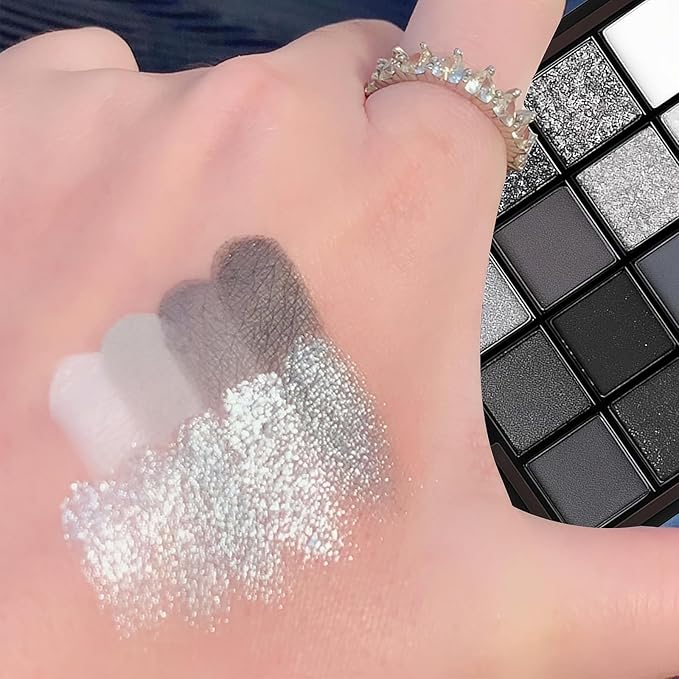 16 Color Smokey Eyeshadow Palette - Highly Pigmented Matte & Glitter Shades, Long-Lasting, Waterproof & Blendable, Black Silver Gray Eyeshadow Set for Sultry Glam (16 Color Reversal Star Smokey)