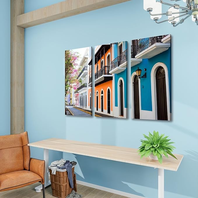 3 Piece Canvas Wall Art Prints Picture colorful house facades old san juan puerto rico colorful island Framed Wall Painting Modern Artwork Poster Home Decor for Living Room Office Ready to Hang