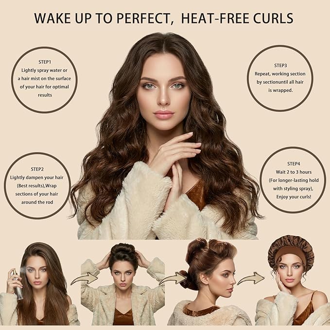 Heatless Curls Overnight Hair Curlers Set – 4PCS Jumbo Velvet Rollers with Shower Cap, No-Damage Flexi Rods for Beautiful Waves