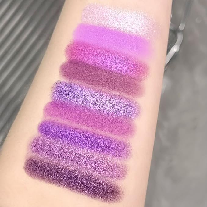 Erinde 9 Colors Purple Pink Lavender Glitter Shimmer Matte Eye Shadow Palette Makeup, Highly Pigmented Waterproof Violet Mauve Dark Purple Silver Pearl White Shimmer Sparkling Party Eyeshadow Palette