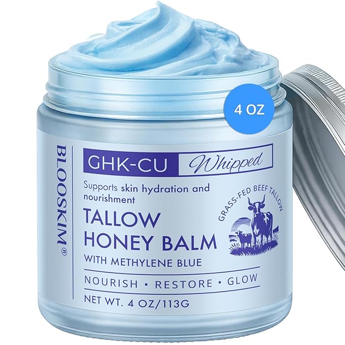 Copper Peptide GHK-Cu Beef Tallow: Grass-Fed Blue Balm for Mature Skin - Face and Body Moisturizer with Methylene Blue, Manuka Honey & Vitamin E – Natural Skincare for Dry & Sensitive Skin – 4 oz