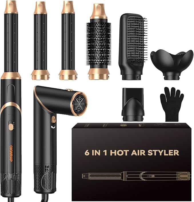 6 in 1 Air Styler & Hair Dryer Brush Set，Foldable Professional Negative Ionic Hair Styling Tools with Diffuser,Detachable Blow Dryer Brush with Auto Wrap Curlers,Hot Air Brush for All Hair Types.