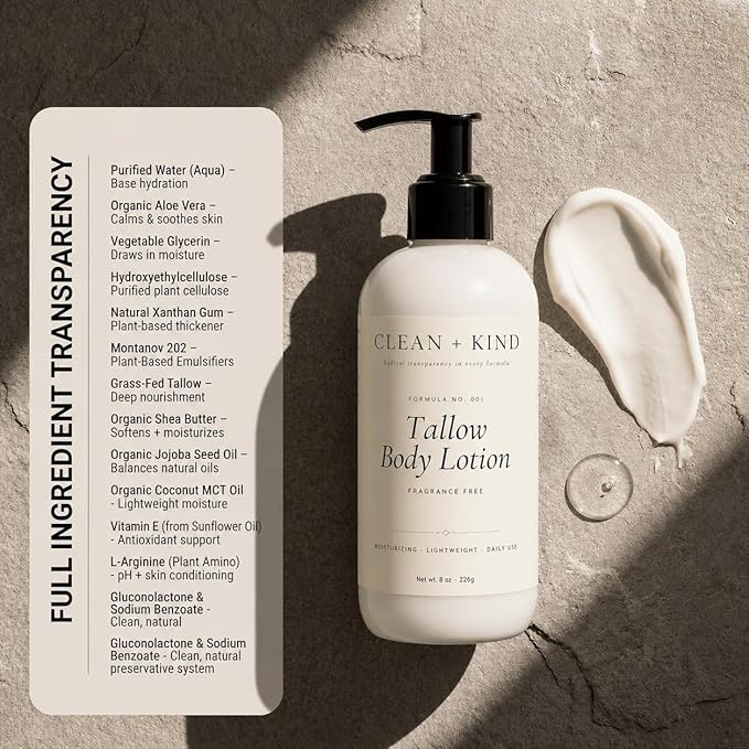 Fragrance Free Tallow Body Lotion — Hydrating Non-Toxic Unscented Natural Body Moisturizer & Cream, Grass-Fed Beef, Organic Shea, Jojoba, Coconut MCT & Aloe for Dry Sensitive Skin (8 oz)