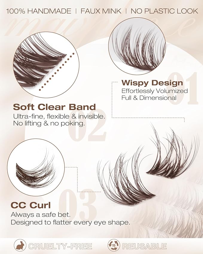 Brown Lash Clusters Kit Spider Cluster Eyelash Extensions Kit Fluffy Wispy Individual Lash Extensions 10-16MM CC Curl Clear Band Eyelash Clusters with Bond and Seal Lash Glue and Applicator