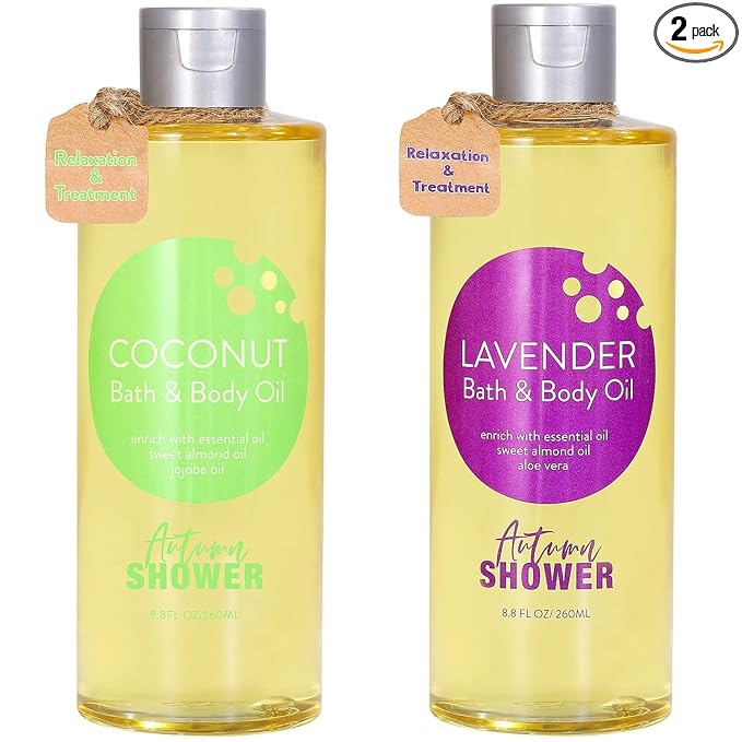 Bath and Body Oil Body Oil with Sweet Almond Jojoba and Shea Butter, Lavender & Coconut Shower Oils Mother's Day Gift for Women Dry Skin 17.6 fl oz (Pack of 2)