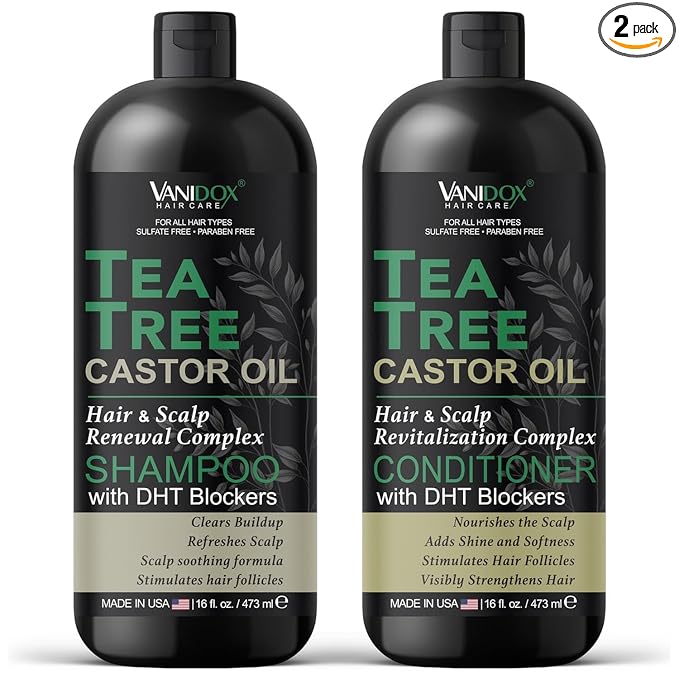 Tea Tree Oil Shampoo and Conditioner Set with Castor Oil, DHT Blockers, Itchy Scalp Relief, Supports Fuller Hair, Cleanses Dandruff & Buildup, For Men & Women, Made in USA, 16 fl oz Each