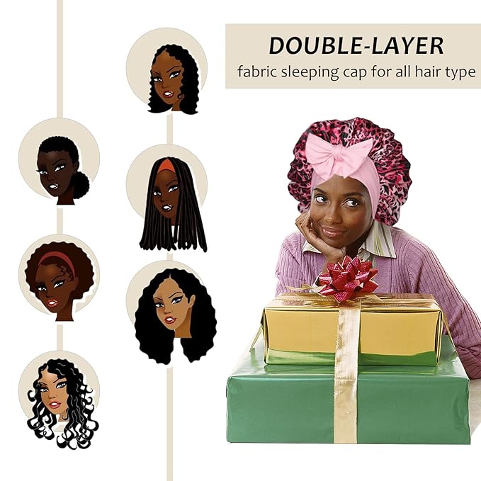 AWAYTR Satin Bonnet for Women Tie Band Hair Bonnet Large 2 Layered Silk Sleeping Cap Nightcap with 3PCS Hair Scrunchies (US, Alpha, One Size, Leoprad Print(Pink))