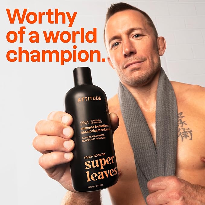 ATTITUDE Men's Shampoo and Conditioner 2-in-1, Nourishing For Dry Hair and Scalp, With Panthenol and Ginseng, 97% Natural Origin Ingredients, EWG Verified, Patchouli & Bourbon, 14 Fl Oz