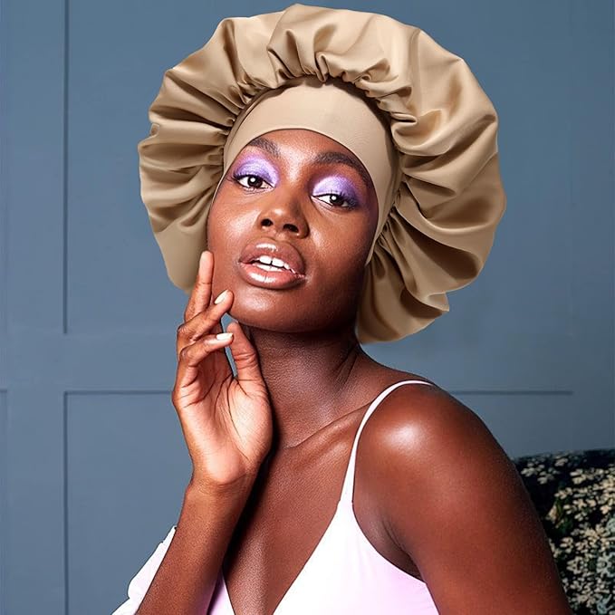 Satin Bonnet with 3PCS Hair Scrunchies for Women Tie Band Hair Bonnet Large 2 Layered Silk Sleeping Cap Nightcap for Sleeping (Coffee(Bonus 3 Hair Scrunchies))