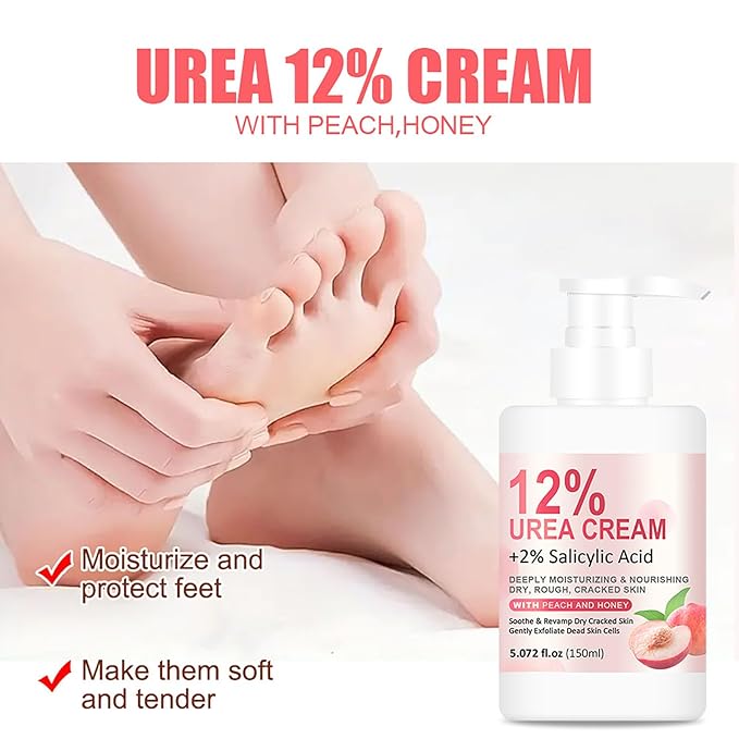 Grospe 12% Urea Hydrating and Anti-Cracking Foot Moisturizer Cream, Peach Hand and Foot Cream with Honey Hydrates and Repairs Dry Cracked Heels and Feet Women or Men 5.07oz