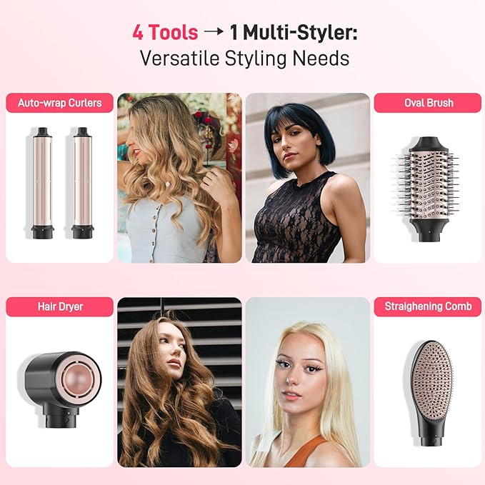 MESCOMB Dual Voltage Hot Air Styler Wrap - 5 in 1 Hair Dryer Brush,Multi Hair Styler, with Fast Drying Blow Dryer, Styling, Straightening & Volumizing-Gift for Women (Black + Pink)