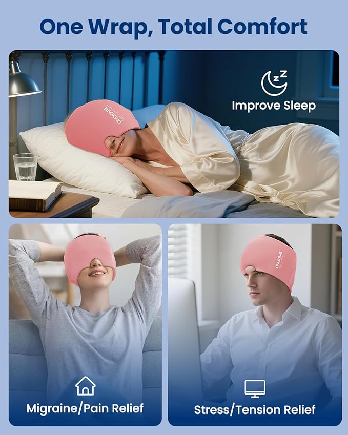 ONLYCARE Migraine Relief Cap, Upgraded Odorless Migraine Ice Head Wrap, Headache Relief Hat for Migraine, Slight-Pink