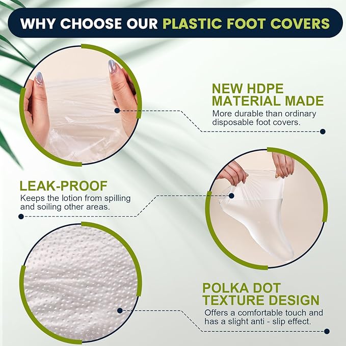 TEAWOO 200PCS Plastic Foot Covers for Feet, Leak-Proof Plastic Foot Masks for Moisturizing Feet, Pedicure & Foot Care, 200 Stickers for Snug Closure Included (Fits up to USA 13)