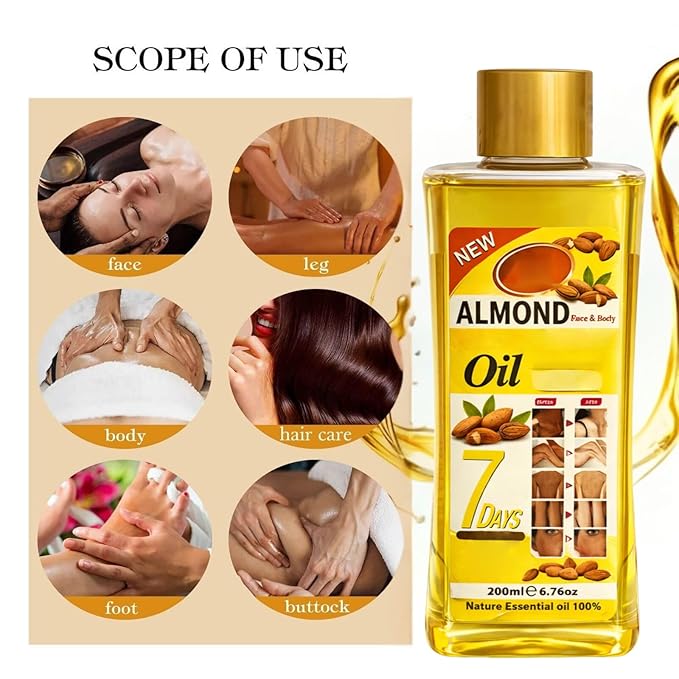 Almond Oil for Massage and Skin Moisturizing, Lightweight Hydrating Body Oil for Dry Skin, Spa Body Care Oil with Almond Extract, 200ml / 6.76 fl oz