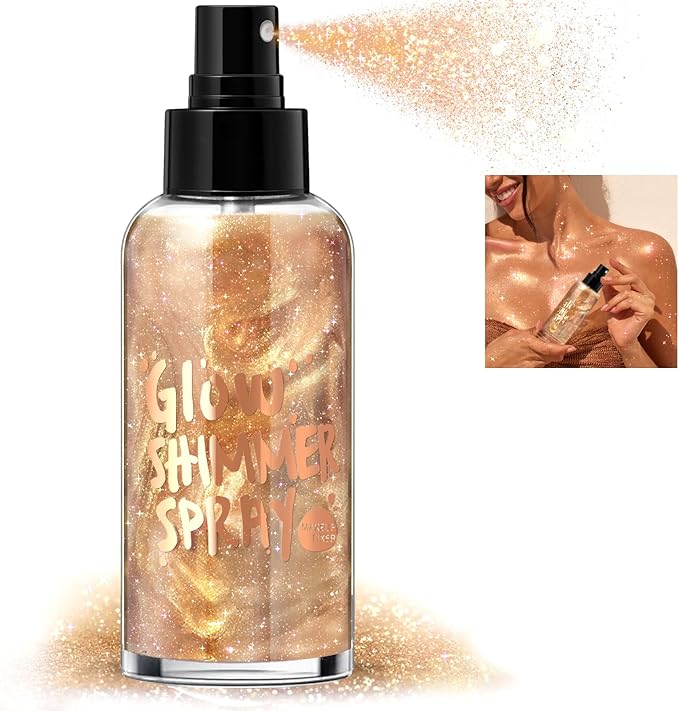 HOSAILY Body Glitter Spray - Champagne Body Shimmer for Face, Hair & Body, Moisturizing Luminizer Glow Illuminator, Quick-Drying Sparkling Glitter Spray Liquid Highlighter Makeup (#03)