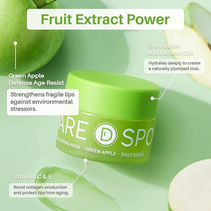 SPODARE Sleeping Lip Mask Green Apple - Repair for Dry Cracked Lips, Infused with Vitamin C and Shea Butter, Lip Mask Nourish and Revitalize Overnight, Wake to Softer, Smoother, Glow Lip - 12g