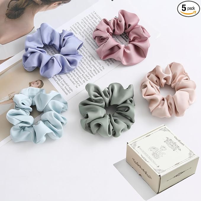 Big Silk Scrunchies for Women,Better than Satin,Silky Soft Scrunchie for Bun Luxurious Ponytail Holders Elastic Hair Ties No Damage (Green Blue Rose-Red Champagne Menthol-Blue)