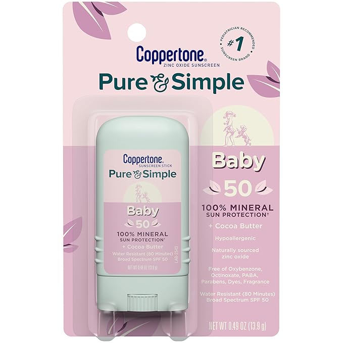 Coppertone Pure and Simple Baby Sunscreen Stick SPF 50, Zinc Oxide Mineral Sunscreen for Baby, Body and Face, 0.49 Oz Stick