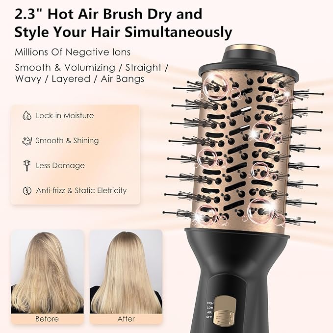 Travel Blow Dryer Brush, 4-in-1 Auto Dual Voltage (120-240V) Hot Air Brush, 2 Inch Mini Hair Dryer Brush & Styler for Voluminous Smooth Hair, Lightweight with EU/UK Plug for Home & Salon(Gold)