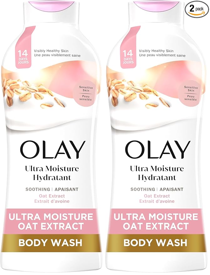 Olay Body Wash for Women,Ultra Moisture,For Sensitive Skin,Soothing Formula,24hr Moisturizing,Hydrating&Refreshing,B3 Vitamin Complex,Free of Parabens&Phthalates,Oat Extract Scent,22 fl oz,(Pack of 2)