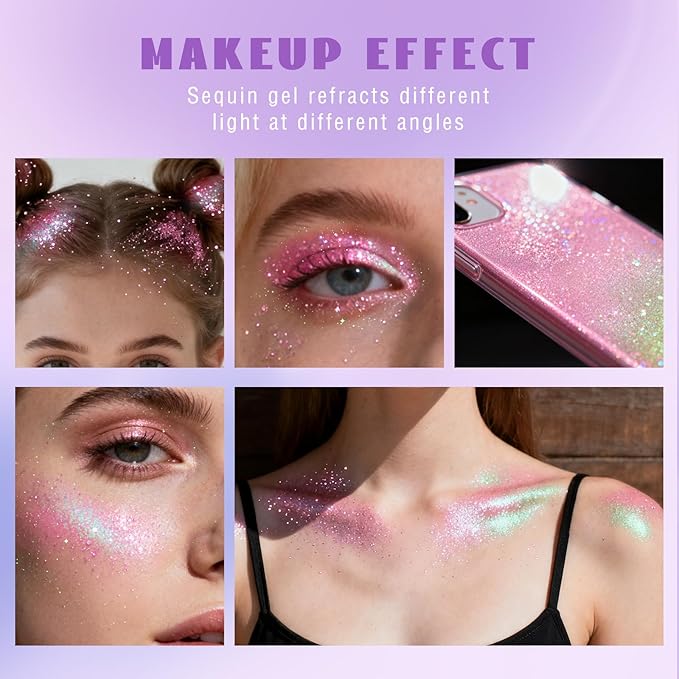 HOSAILY Roll-on Holographic Pink Body Glitter Gel for Face Hair, Chameleon Color Changing Glitter Gel Under Light, Chunky Mermaid Sequins Festival Party Rave Accessories Shimmer Halloween Makeup