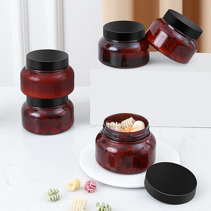 24 Pack 8 Oz Plastic Containers With Lids and Waterproof Label BPA Free - Refillable Transparent Cosmetic Containers for Body Butter,Sugar Scrubs,Cream,Lotions,Candy,Bath Salt (Brown, 8 oz)