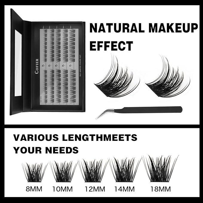 Glue-Free Wispy Lash Clusters Kit, 80 Pcs Individual Eyelash Clusters (10-18mm C Curl)- DIY Lash Extension Kit with Eyelashes Tweezers, Natural Fluffy Fake Lashes for Home Use, Beginners Friendly
