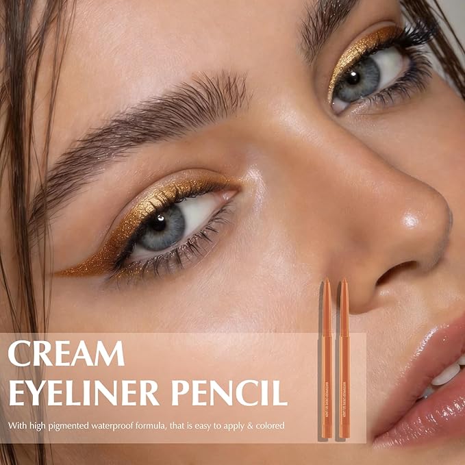 2 PCS Golden Eyeliner Pencil Set, Retractable Shine Shimmer Gel Waterline Eye Liner Pen, Smudge-Proof Multi-Use Creamy Eye Brightener High Pigmented Long-Lasting Smooth Eyeliner for Older Women