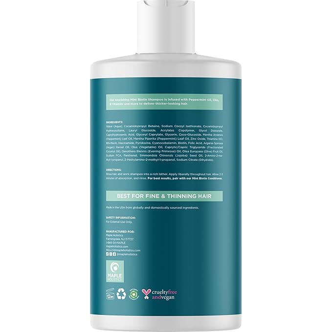 Volumizing Biotin Shampoo for Thinning Hair - Invigorating Peppermint Shampoo for Fine Hair with Argan Coconut and Olive Oils - Vegan & Color Safe - Paraben Silicone & Sulfate Free (16 Fl Oz)