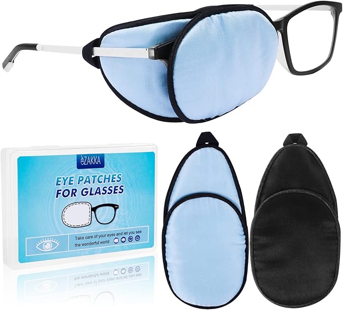 eZAKKA Eye Patches for Adults, Eye Patch for Glasses, Silk Medical Eyepatch for Lazy Eye Patches for Women Amblyopia Strabismus and After Surgery (Light Blue+Black)