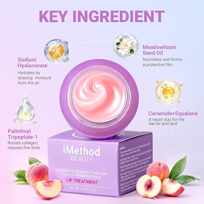 iMethod Overnight Lip Mask - Hydrating Lip Butter Balm with Hyaluronic Acid, Lip Moisturizer For Very Dry Lips, Lip Sleeping Mask to Nourish & Repair Cracked Lips, Smoothes Fine Lines - Peach