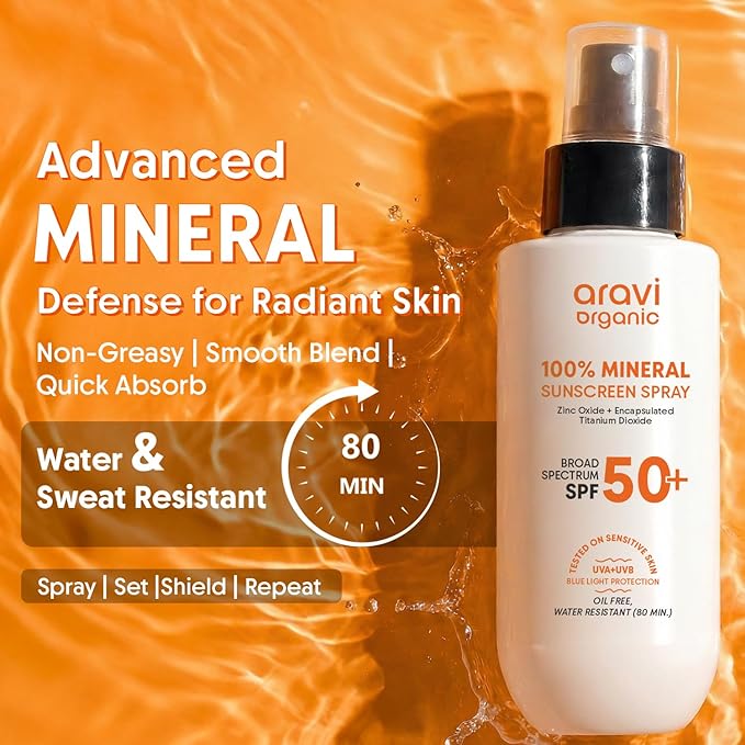 Aravi Organic 100% Mineral Sunscreen Spray Mist SPF 50 | Broad Spectrum | Water Resistant 80 Mi | Lightweight, No White Cast | Reef Safe + Oxybenzone Free | Zinc Oxide & Titanium Dioxide | 3.3 fl oz