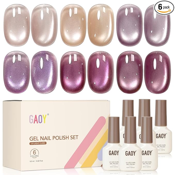 GAOY Cat Eye Gel Polish Kit with Magnet, 6 Colors Glitter Nail Polish Set, Summer Nail Art, Soak Off UV Cure Gel for DIY Manicure at Home and Salon, Purple Pink