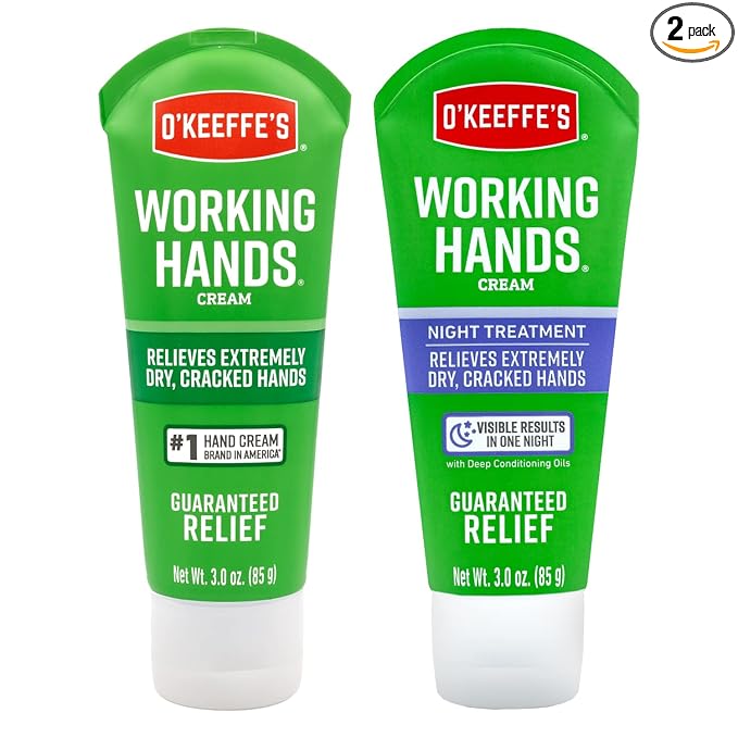 O'Keeffe's Working Hands Hand Cream Plus Night Treatment Cream Bundle - 3 oz Tubes (2 total) - Repairing Skincare for Cracked, Dry Hands