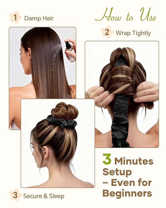 BONNET QUEEN Satin Heatless Hair Curler, Overnight Curls for Long Hair, Ultra Soft Daily Use of Hair Accessories & 2 Scrunchies, Damage-Free Styling, Soft Hair Curlers for Overnight, Light Black