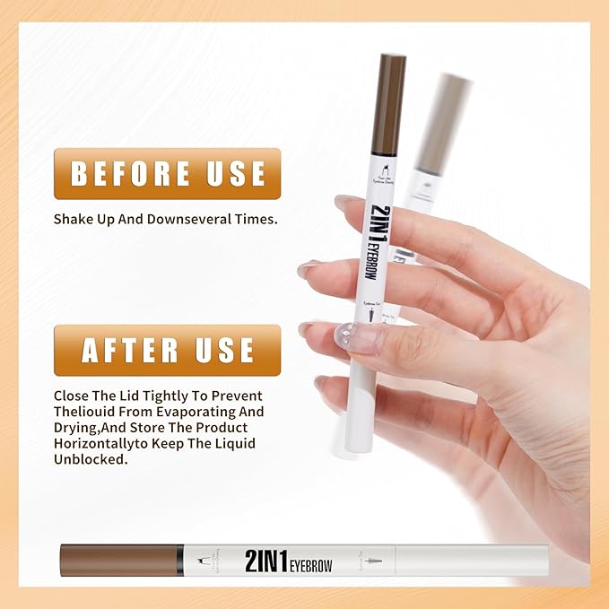 2-in-1 Eyebrow Pencil & Tinted Brow Gel - Dual-Ended Microblading Pen with 4-Fork Tip, Waterproof, Smudge-Proof for Natural Hair-Like Brows, Long Lasting 24H (Brown)