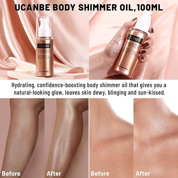 UCANBE Body Shimmer Oil 100ml, Moisturizing Body Glow Glitter Oil, Waterproof Shimmering Luminizer Liquid Illuminator Highlighter, Tinted Shimmer Lotion Glowing Bronzer Makeup(Rose Gold)