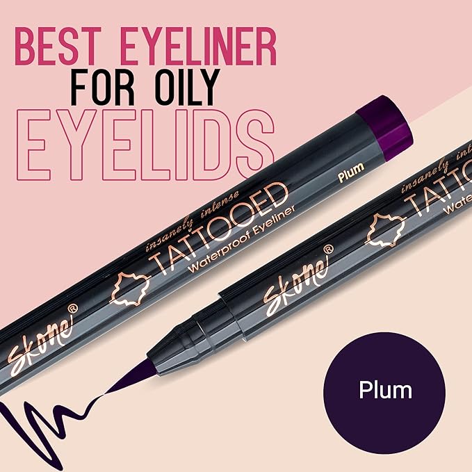 Skone Cosmetics Insanely Intense Tattooed Eyeliner Pen - Waterproof Liquid Eyeliner, Long Lasting, Sweat Proof, Smudge Proof Felt Tip Liquid Eyeliner - Pigmented Eye Liner Makeup - Plum Black (0.07oz)