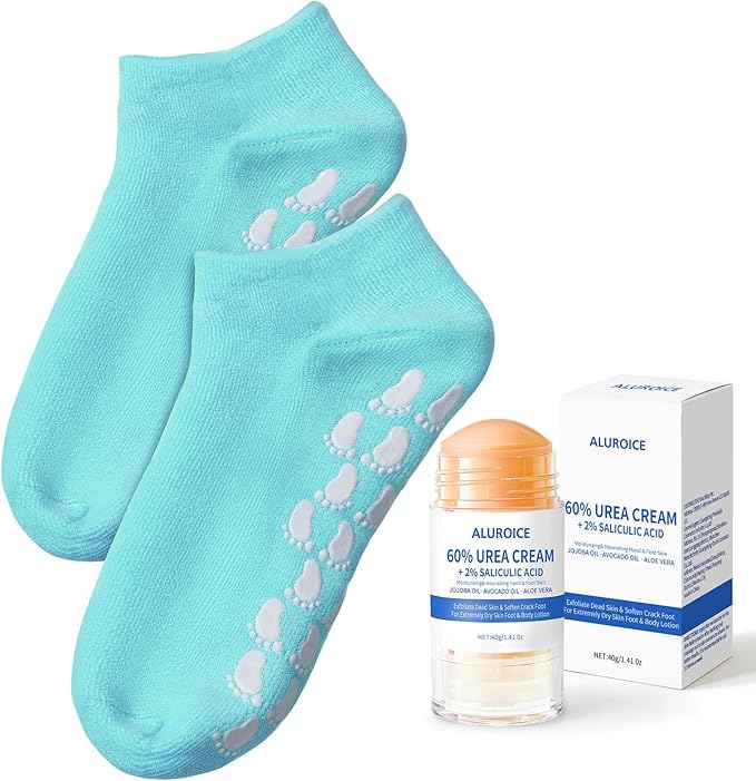 Silicone Moisturizing Socks with 60% Urea Cream- 2 in 1 Gel Socks & Urea Foot Cream for Dry Feet, Foot Care Moisturizing Socks for Dry Cracked Feet Women