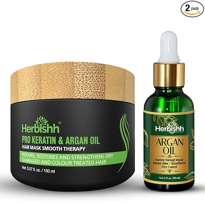 Herbishh Argan Oil & Hair Mask Combo For Deep Conditioning Treatment – Argan Oil for Hair Repair & Frizz Control (30ml) & Argan Hair Mask for Hydration (150ml), Sulfate & Paraben Free