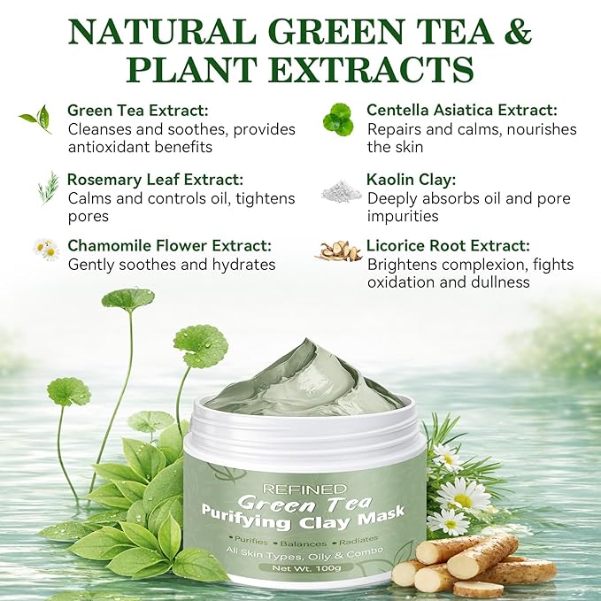 Green Tea Mask, Natural Clay Mask for Face, Deep Pores Cleansing, Oil Control, Moisturizing & Hydrating with Green Tea Extract & Kaolin Clay, Antioxidant Green Tea Face Mask Skincare(3.52 Ounce)