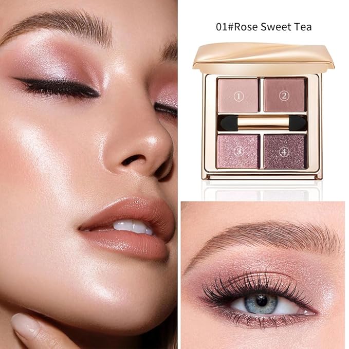 Cool Pink Mauve Eyeshadow Palette – 4 Matte&Glitter Shades for Icy Rose Glow, Romantic Soft Glam&Daily Eye Makeup, High-Pigment Long-Lasting Blendable Shadows that Enhance Brown, Hazel & Green Eyes