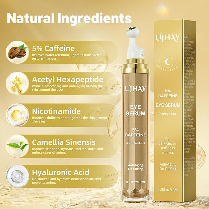 UJHAY 5% Caffeine Eye Cream, Under Eye Serum for Dark Circles, Puffiness & Wrinkles Fine Lines, Eye Roller Serum with 360° Massage Ball, Eye Treatment Balm for Men & Women