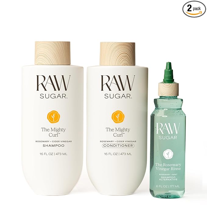 Raw Sugar The Mighty Curl Hair Care Duo and Rosemary Vinegar Hair Rinse (3 Products) Gently Cleanses, Defines Curls & Boosts Shine, Without SLS/SLES & Parabens, Color-Friendly, Vegan