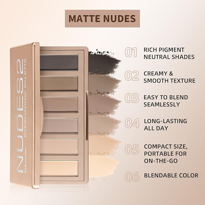 6 Colors Nude Mini Eyeshadow Palette, Smoky Matte Taupe & Brown Neutral Eye Shadows, Highly Pigmented, Long-Lasting, Blendable Formula, Travel Size Eye Makeup Palette with Mirror