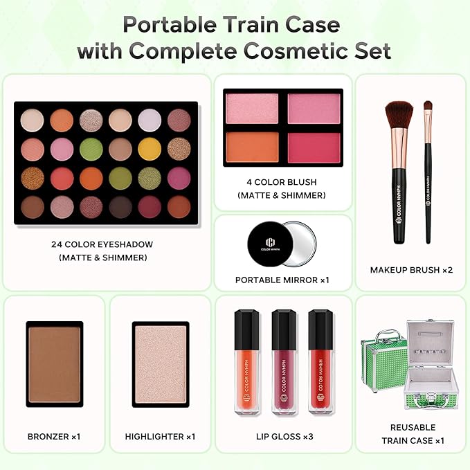Color Nymph Beginner Makeup Kit For Teens With The Small Cosmetic Train Case Included 24-Colors Eyeshadow Palette Blushes Bronzer Highlighter Lipstick Brushes Mirror(Green)